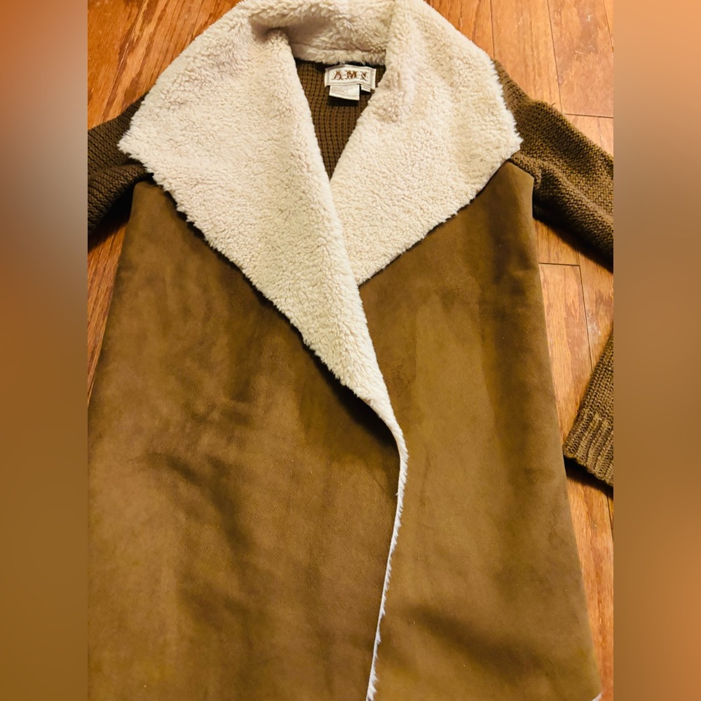 DMX Brown and Cream Faux-Suede and Knit Cardigan Women's Jacket Size M EUC